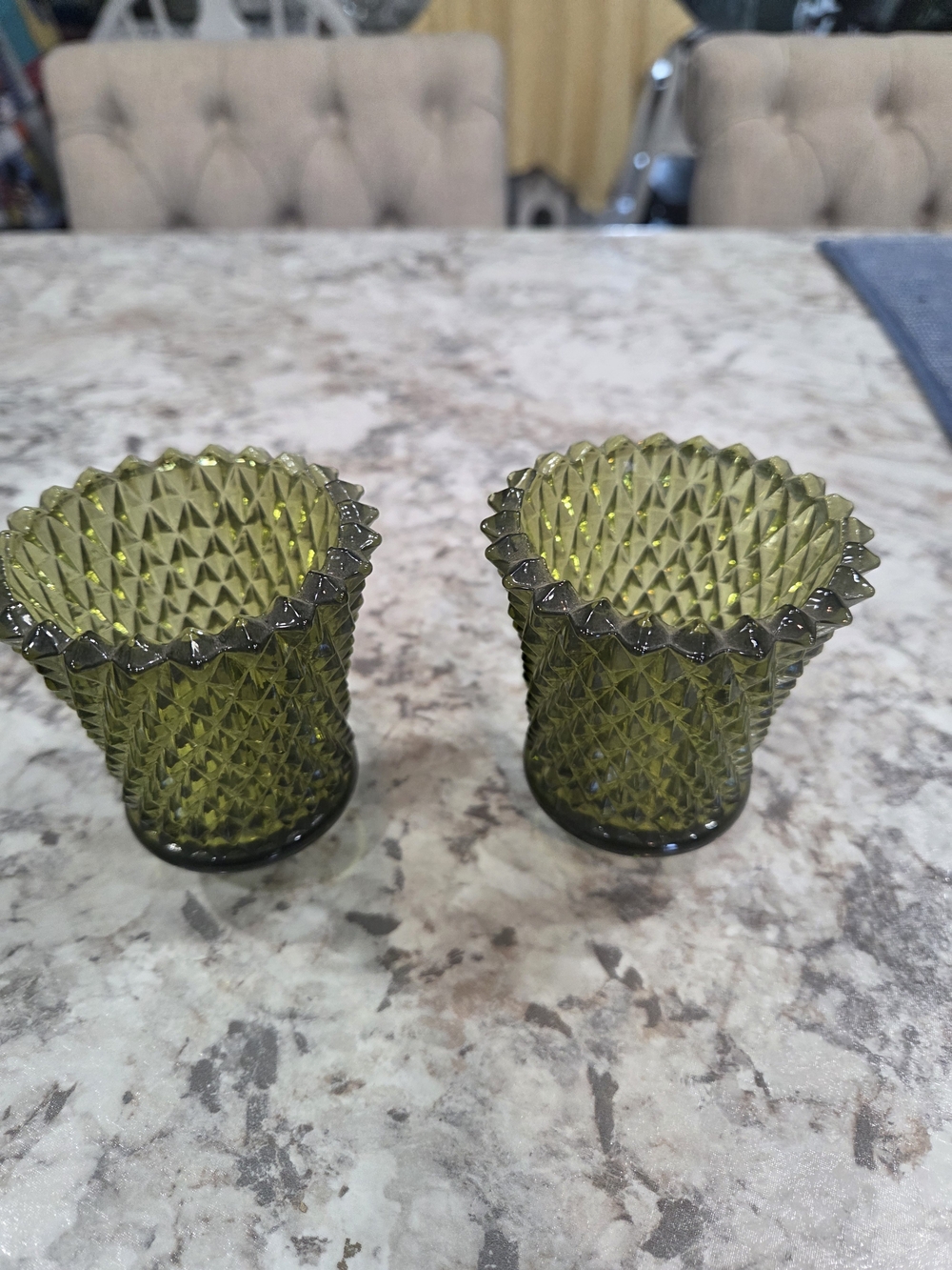 Vintage S/2 Green Glass, Diamond Textured, Candle Holder Homco